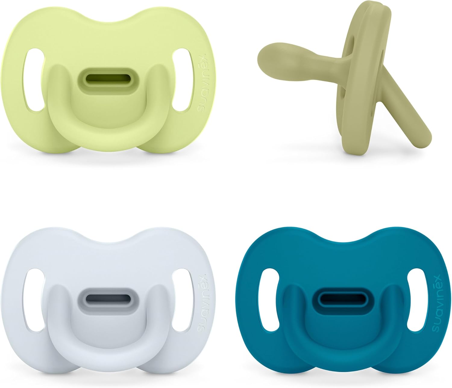 Suavinex, Pack 4 Chupetes Todo Silicona, para Bebés 0/6 Meses y Recién Nacidos, con Tetina Fisiológica SX Pro, Súper Blandito y Flexible, Ideal para Dormir, Respeta Desarrollo Bucodental, Azul, Verde