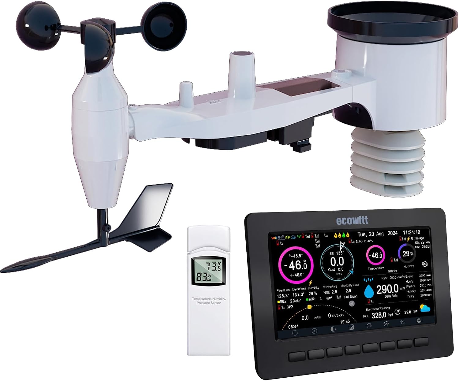 Ecowitt Estación meteorológica inalámbrica Wi-Fi - Pronóstico meteorológico digital con pantalla TFT de 7 pulgadas, indicador de lluvia, anemómetro, pasarela para ecosistema Ecowitt, HP2551