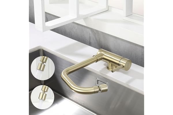 ONECE Robinet de Cuisine Rabattable Doré avec Tête de Pulvérisation Rotative, Mitigeur Evier Pliable avec 2 Jets, Robinettrie Or devant Fenêtre Pivotant à 360°, Acier Inox SS304