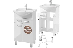 .DEFTRANS Domodomo - Mueble de baño con lavabo, 86 x 50 x 30 cm, mueble de baño de pie con cajón y armario inferior, lacado, elegante juego con lavabo de cerámica