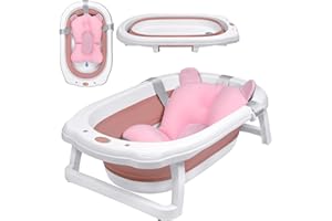 YRHome Baignoire Pliable pour Bébé avec Drainage Rapide, Plastique Bain pour Nouveau-né avec Tapis de Bain Antidérapant, Baignoire Portative Pliante avec Siège de Bain pour Enfant - Rose avec Coussin