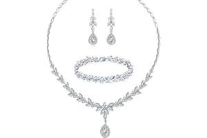 Zolkamery Bridal Jewelry Set for Women - Bracelet, Necklace, and Earrings With Cubic Zirconia - White Gold/Rose Gold/Gold Plated Sparkle Briolette Set for Wedding