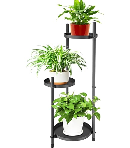 Support De Plantes 3 Étages En Métal Gris Foncé - Étagère Angle Avec 4 Pots, Intérieur Et Extérieur