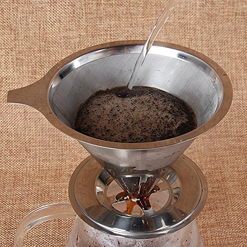 BoRui Edelstahl Kaffeefilter,Handfilter wiederverwendbare Kaffee Filter Double Layer Mesh Kaffee Dripper mit Cup Stand (Silber) - 5