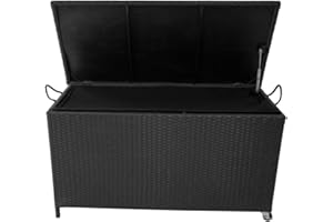 Panana Large Polyrattan Garden Storage Box, Rattan Deck Box with Wheels, 120x57x64cm Zippered Liner Outdoor Patio Wicker Chest Organiser Furniture for Cushions Tools Toys (Black)