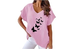 HAOLEI T-Shirt Magliette Lino Donna Estiva, Magliette in Classico e Lino Donna Vintage Blusa T-Shirt a Maniche Corte Confortevole Scollo V Casual Tops Stampa Camicetta Sciolto Maglietta Estate e Traspirante