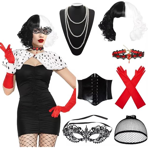 Costume Cruella Pour Femme – 7 Pièces (robe, Perruque, Accessoires) – Idéal Halloween, Cosplay, Carnaval – Taille XL – Noir Et Blanc