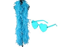 JNGTKL Feather Boa, 2m Blue Feather Boa And Heart Rimless Sunglasses, Delicate Feather Scarf, Suitable For Dance Performances, Weddings, Carnival Celebrations Feather Bower