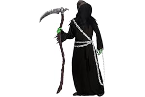 SUPERUM Halloween Kostüm Herren - 6er Gruselige Sensenmann Kostüm Erwachsene mit Maske & Sense(123 cm) & Metallkette Set,Horror Geister Kostüme Manner Dementor Grim Reaper Costume für Karneval Cosplay,XL