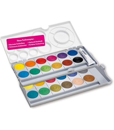 Lamy Boîte de peinture couvrante aquaplus rouge avec 12 couleurs – Idéal pour les cours scolaires – Avec cercle de couleurs selon Johannes Itten & blanc opaque – Champs de mélange dans