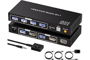 PVBCTCSID 8K@60Hz KVM Switch HDMI 2 PC 1 monitor con supporto 4K@120Hz, lo switch KVM condivide il monitor e 4 dispositivi USB come mouse, tastiera e stampante. Include 2 cavi USB 3.0 e un controller cablato.