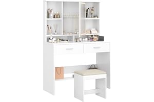 Airfish Tocador de Maquillaje con Luces LED de 3 Colores con Taburete, Brillo Ajustable, Mesa de Maquillaje con Espacio para Joyas, Estantes Ajustables,2 Cajones, Estilo Moderno, Blanco