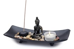 Flanacom Giardino Zen con Buddha - Giardino Giapponese in Miniatura - Portaincenso Feng Shui - Set Esoterico con 3 Bastoni di Incenso - Portafortuna Buddhismo e Taoismo (Candelieri #2)