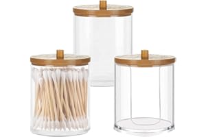 Rhitchy 3 unidades de acrílico Qtip Soporte: dispensador de almohadillas de algodón, recipiente para bastoncillos de algodón, almacenamiento con tapas de bambú para cosméticos, bolas de algodón, cajas