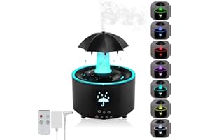 AVEKI Humidifier for Bedroom, 7-Color Rotating Umbrella Diffuser with Rain Drop Effect, 300ML Small Humidifier Aroma Diffuser with Remote & Timer, Funny Rain Humidifiers Gift for Kid Teen Women