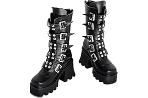 JIFAENY Damskie zimowe czarne gotyckie punkowe buty na platformie damskie gotyckie sprzączki z zamkiem błyskawicznym koturny do połowy łydki