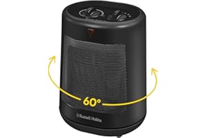 Russell Hobbs 2000W/2KW Electric Heater in Black PTC Ceramic Space Heater, Portable Oscillating 2 Heat Settings Overheat Protection, Adjustable Thermostat 10m2 Room Size RHFH1008B, 2 Year Guarantee