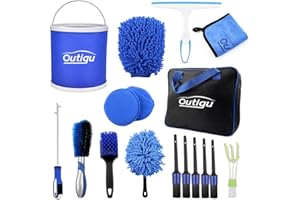 Outigu Profesjonalny zestaw do czyszczenia samochodu, 17 szt. produktów do mycia na zewnątrz i wewnątrz samochodu z torbą, szczotką do kół, wiadrem, szczotką do odpowietrzania, rękawicami do prania, gąbką, skrobaczką do okien, szczotką do detali, 17 szt