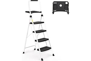 HBTower Escabeau 4 Marches Pliable, Échelle avec Plateau à Outils, Poignée en Caoutchouc, Fabriqué en Acier Alliage de Haute Qualité, Charge Maximale 150kg, Idéal pour la Rénovation