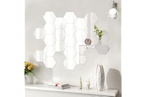 LARBER 24 Pezzi Specchio Adesivo da Parete, Esagonale Specchi Adesivi da Parete Non di Vetro 126×110×63mm,Specchio Adesivo Muro Acrilico per Armadio,Porta,Camera da Letto,Soggiorno
