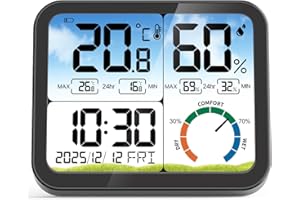 VOCOO Digital Indoor Room Thermometer - 5.8'' Extra Large Display Temperature Humidity Sensor with Accurate Temp Humidity Gauge Monitor, Calibration, Max & Min Records, Comfort, Backlit, Date & Clock