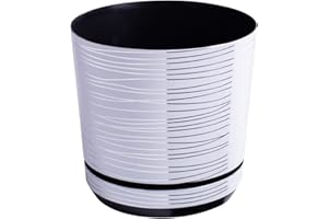 KORAD - Pot de fleurs avec soucoupe intégrée, décor 071, blanc avec fil argenté, diamètre 26 cm, pot pour plantes, en plastique, de haute qualité, avec trous de drainage