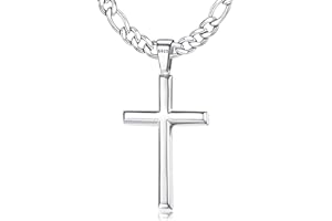 Roheafer 925 Sterling Silver Cross Pendant Necklace for Men Women with 5mm Stainless Steel Diamond-Cut Figaro Chain/Cuban Chain Cross Necklace 18K White Gold Plated Crucifix Necklace 18-30 Inches
