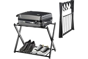 HOMASIS klappbar Kofferständer Kofferablage, 2 Ebenen Kofferhocker, Kofferbock aus Metall, Gepäckablage für Koffer & Schuhe, Kofferhalter für Hotelzimmer Flur & Wohnzimmer, 68x43x56cm (1, Schwarz)