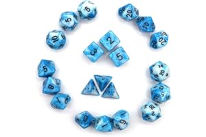 DollaTek Zestaw kości wielościennych, gry stołowe, 3 zestawy kości 3 x 7 (21 sztuk), seria matryc, D20, D12, D10, D8, D6, D4, DND, RPG, MTG, podwójne kolory, jednoczęściowe (niebiesko-biały i czarny