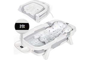 Orzbow Baby Badewanne, Faltbare Babybadewanne mit Thermometer, Große Babywanne für Kinder 0-6 Jahre mit Weicher Polsterung, 3-in-1 Schale, Langlebig, Abflussloch, Ideal für Reisen, Groß XXl, Grau