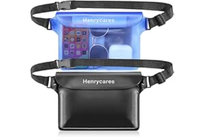 Henrycares Riñonera Impermeable Acuática IPX8, Bolsa Ajustable 100% Impermeable para Teléfono, Dinero y Documentos, Ideal para Playa, Natación, Kayak (Azul Cristal/Negro)