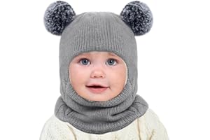 Casenly Conjunto de Bufanda y Gorro de Punto, 3 En 1 Gorros para Niño Niña Bebé Invierno Bufanda con Capucha Sombrero de Invierno Doble Pompón Lindos Pasamontañas para Niño Niña