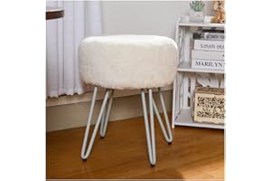 INMOZATA Upholstered Footstool Round Fluffy Small Footstools Faux Fur Foot Stool Ottoman Pouffe with Metal Legs for Bedroom Living Room White