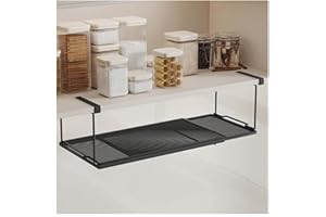 NUODWELL Cesto portaoggetti estensibile sotto mensola, da appendere sotto l'armadio, organizer regolabile in rete metallica per cucina, ufficio, dispensa (nero)