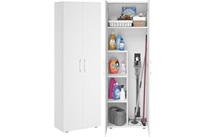 Bellamio Apol Besenschrank - Mehrzweckschrank in Weiß - Vorratsschrank mit Staubsaugerfach - Putzschrank aus Holz - Flurschrank mit Stauraum - Haushaltsschrank - Allzweckschrank 176x33x60 cm