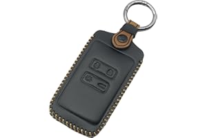 QIULIFAN Key Card Case for Renault Key Fob 4 Buttons Leather Key Cover with Keyring for Renault Megane Clio Captur Kadjar Espace Dacia Duster, Black