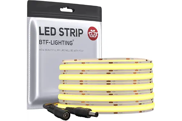 BTF-LIGHTING FCOB COB Tira de LED flexible de alta densidad y uniforme Blanco cálido 3000K 5M 528LEDs DC12V 14W/M CRI 90+ 10mm de ancho Cinta de LED regulable(Sólo Tira LED)