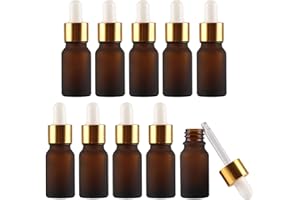 Alledomain 10Pcs, 10ml Frosted Amber Glass Bottles with Glass Pipettes, Mini Empty Dropper Bottles Gold Metal Cap Refillable Sample Container for Essential Oil/Aromatherapy Blends/Chemical Liquid