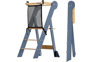 COSYLAND Montessori Lernturm ab 1 Jahr klappbar – Höhenverstellbarer Kinder Lernturm | Faltbarer Montessori Learning Tower aus Bambus | Lernstuhl Kitchen Helper - Schieferblau & Natur