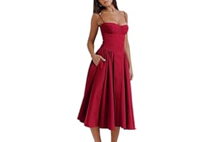 Shuanghao Summer Elegant Sleeveless Long Dresses for Women UK Ladies Vintage Solid Bohemian A Line Midi Swing Dress Women's Corset Spaghetti Straps Square Neck Beach Sundress with Pockets
