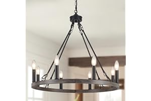 ‎WTUOING WTUOING Kronleuchter Schwarz, 8 Flammig Vintage Kronleuchter Wagenrad Industrial Pendelleuchte Rustikal Hängelampe Deckenlampe Hängend für Wohnzimmer, Küche, Esstisch, Esszimmer,Schlafzimmer, Flur
