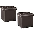 Bonlife Pack of 2 Storage Ottoman Cube, Folding Chest Toy Box, Folding Foot Stool for Living Room,Seat with Lid,Brown,Faux Leather,32X32X32cm