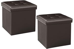 Bonlife Pouf Puff Contenitore Sgabello Poggiapiedi, Pieghevole, Ecopelle Cubo Portaoggetti Pouf da Camera per arredo casa, Confezione con 2 Pezzi, 32x32x32cm (Marrone)