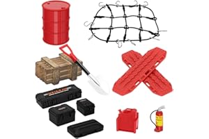 GLOBACT 1/24 1/18 RC Crawler Accessories Car Roof Decoration Luggage Net, Recovery Board, Fire Extinguisher, Toolbox, Wood Box, Shovel for 1/18 TRX4M 1/24 Axial SCX24 Upgrade (12Pcs Black Red)