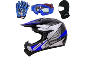 Zorax ZOR-X19 Blue XL (55-56cm) PREDATOR Kids Motorbike Motocross MX Helmet ECE 2206 & Gloves XL (8cm) & Goggles & Balaclava