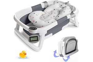 EzyWay Foldable Baby Bath Tub with Thermometer for Real Time Temperature, Temperature Sensing Drain Plug, Anti-Slip Legs Collapsible Tub with Cushion Pad (Grey)