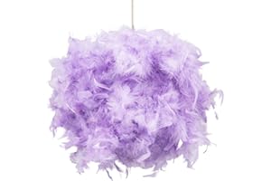 Contemporary and Unique Large Lilac Real Feather Decorated Pendant Light Shade - 40cm Diameter & 40watt Maximum - Beautiful Statement Piece by Happy Homewares