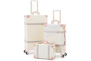 COTRUNKAGE Travel Vintage Carry On Luggage Sets 2 Pieces, Hand Luggage Suitcase with Mini Vanity Case, TSA-Approved, Cream White, Cabin-13Inch/Cabin-20Inch/Large-26Inch