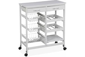 Alice's Home - Aparador de Cocina Blanco, Carro con Ruedas - Charlotte - 2 cajones, 3 cestas, 2 botelleros, 1 Estante