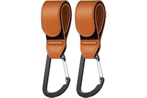HONZUEN 2PCS Baby Buggy Clips for Pram, Leather Style Pram Clips for Bags with Carabiner Hook, Heavy Duty Stroller Hooks for Pushchair Stroller, Shopping Bags, Handbag (Brown)